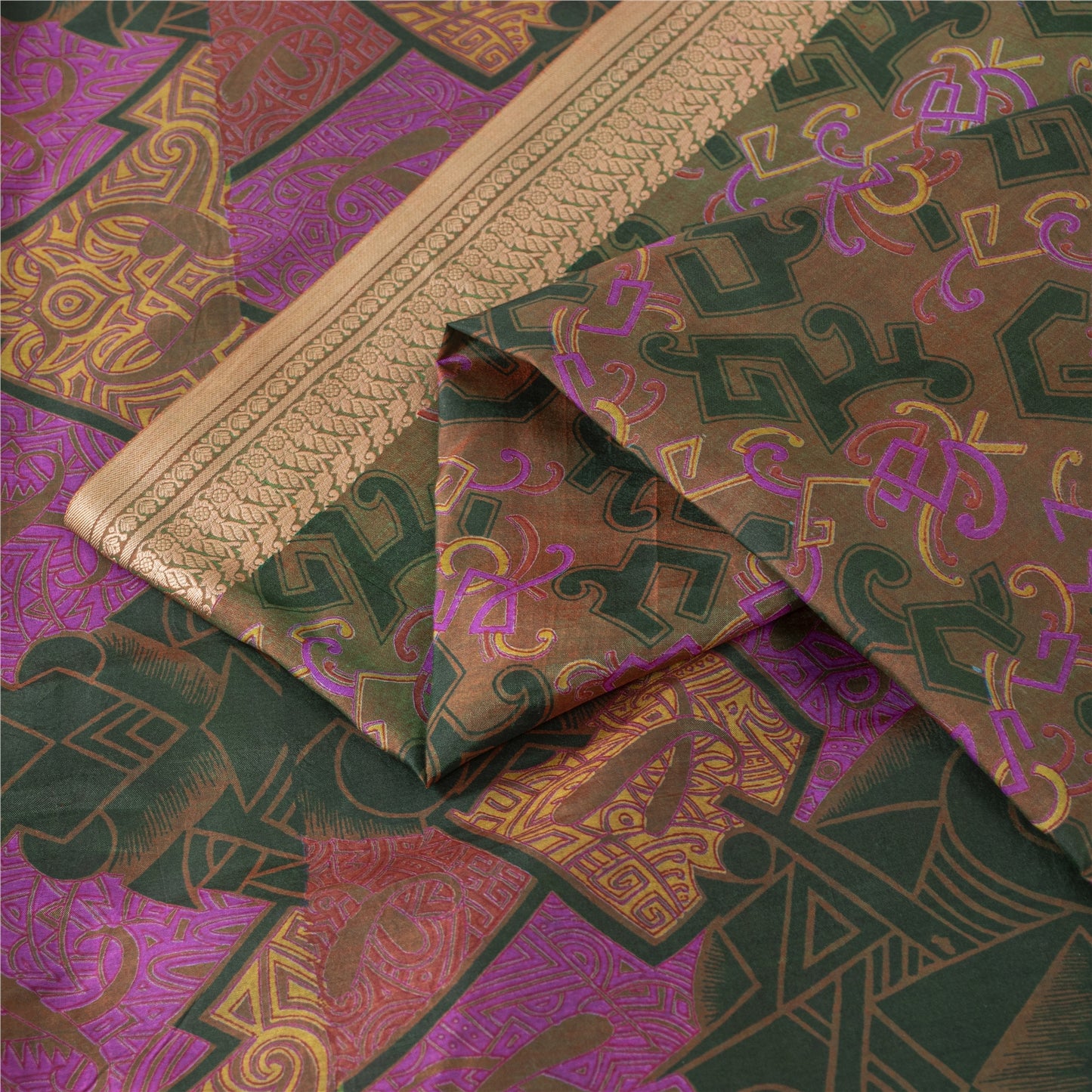 Sanskriti Vintage Sarees Green & Pink Pure Silk Printed Sari 6+yd Craft Fabric