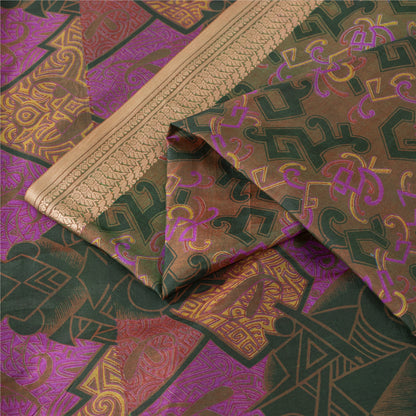 Sanskriti Vintage Sarees Green & Pink Pure Silk Printed Sari 6+yd Craft Fabric