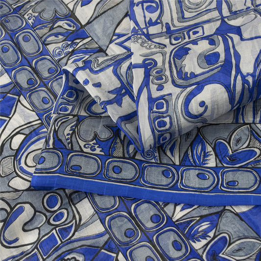 Sanskriti Vintage Sarees Blue & White Pure Silk Abstract Printed 5+YD Decor Sari