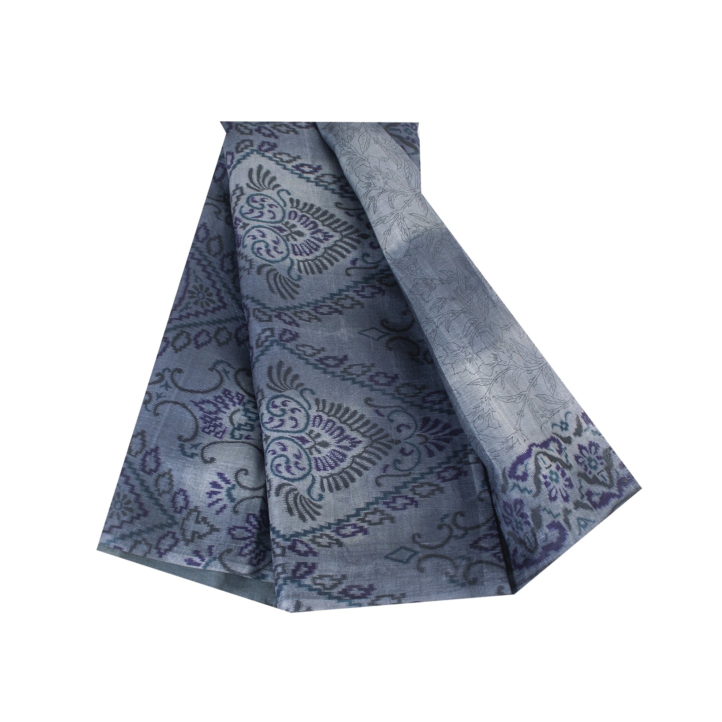 Sanskriti Vintage Sarees Gray Pure Silk Floral Print 5+yd Sari For DIY Projects