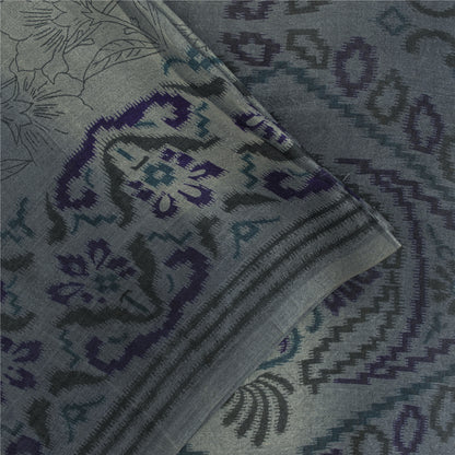 Sanskriti Vintage Sarees Gray Pure Silk Floral Print 5+yd Sari For DIY Projects