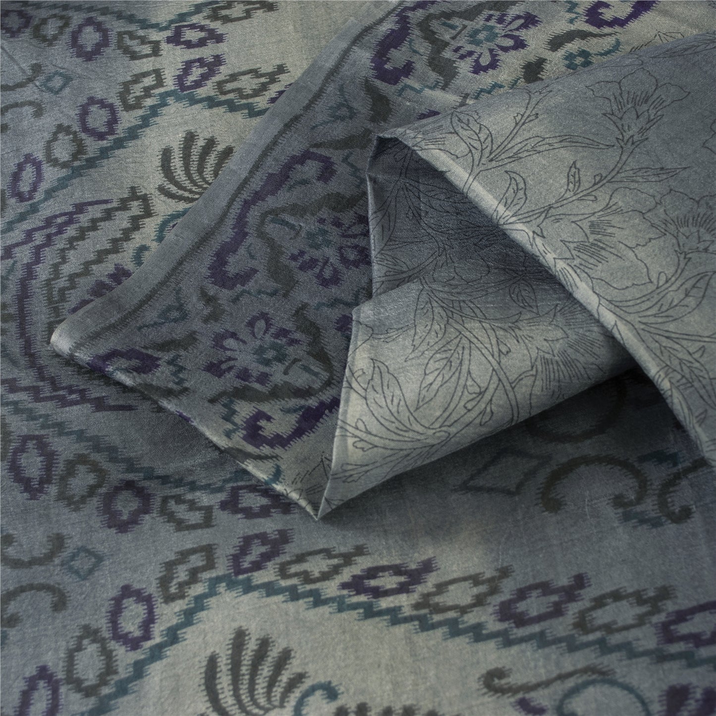 Sanskriti Vintage Sarees Gray Pure Silk Floral Print 5+yd Sari For DIY Projects