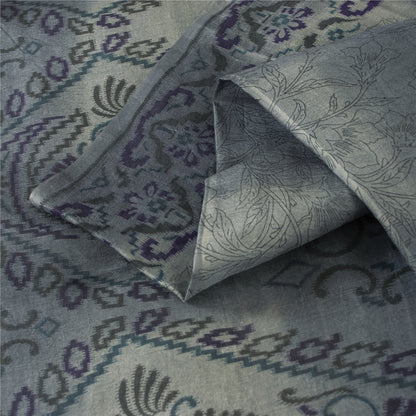 Sanskriti Vintage Sarees Gray Pure Silk Floral Print 5+yd Sari For DIY Projects