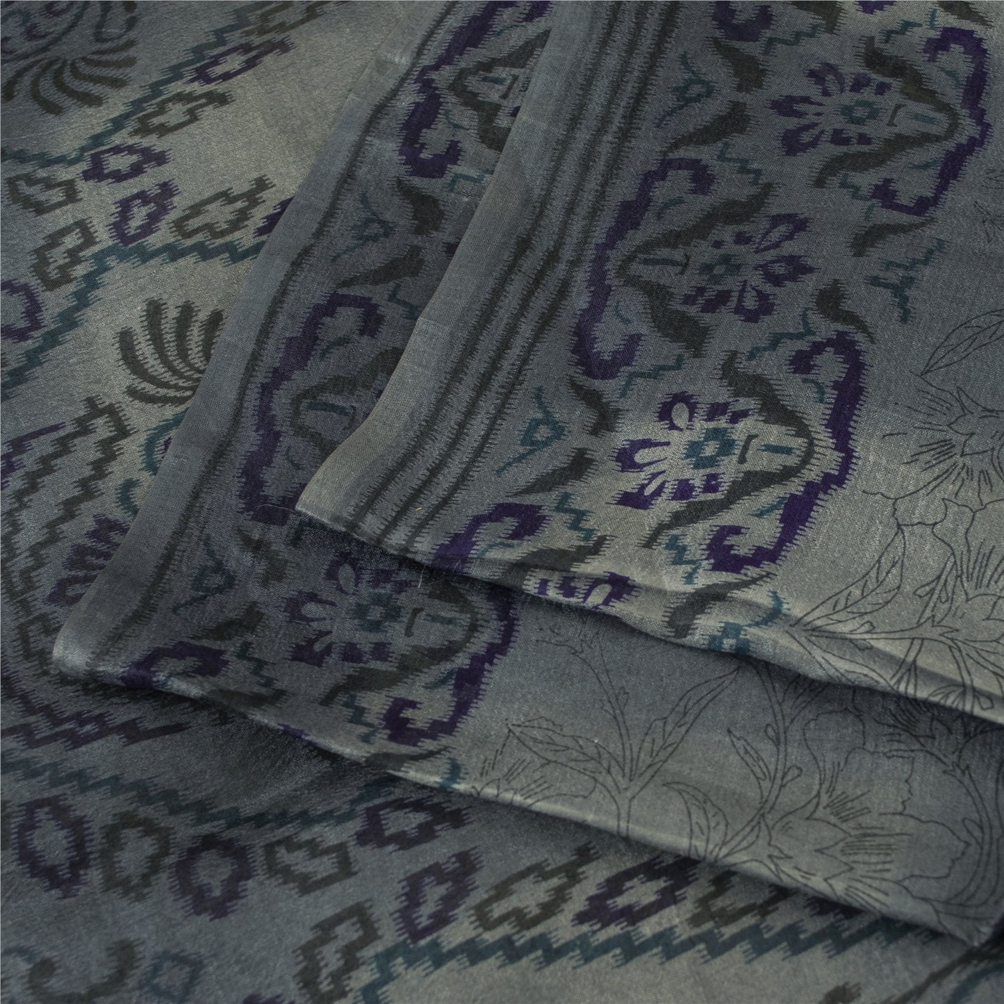 Sanskriti Vintage Sarees Gray Pure Silk Floral Print 5+yd Sari For DIY Projects