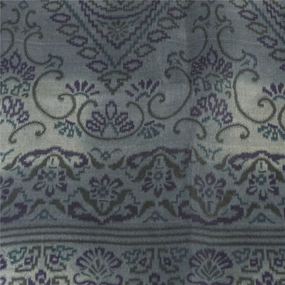Sanskriti Vintage Sarees Gray Pure Silk Floral Print 5+yd Sari For DIY Projects