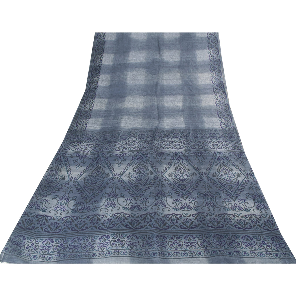 Sanskriti Vintage Sarees Gray Pure Silk Floral Print 5+yd Sari For DIY Projects
