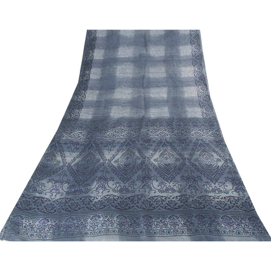 Sanskriti Vintage Sarees Gray Pure Silk Floral Print 5+yd Sari For DIY Projects