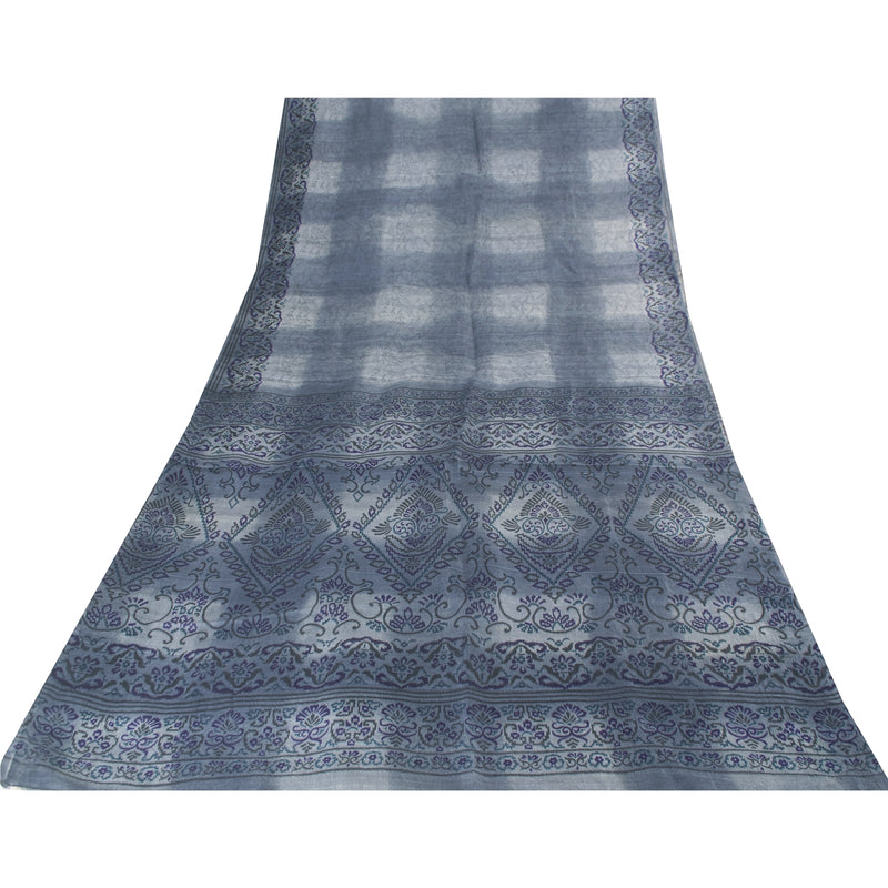 Sanskriti Vintage Sarees Gray Pure Silk Floral Print 5+yd Sari For DIY Projects