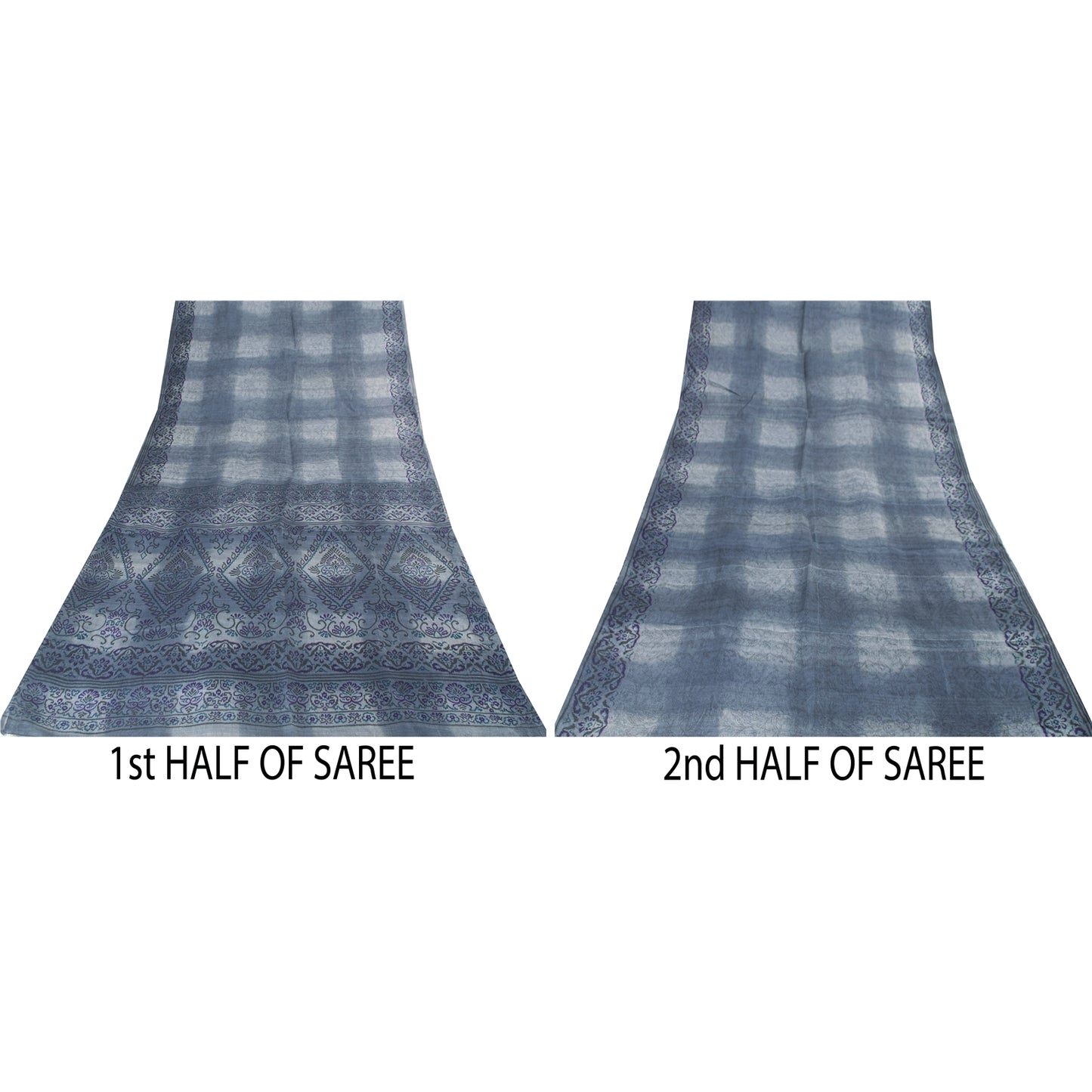 Sanskriti Vintage Sarees Gray Pure Silk Floral Print 5+yd Sari For DIY Projects