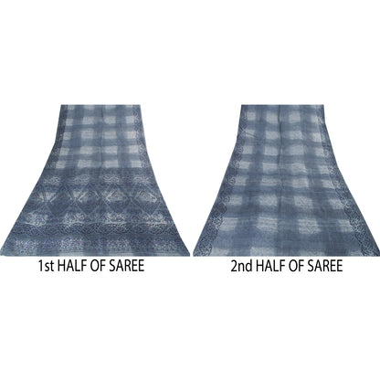 Sanskriti Vintage Sarees Gray Pure Silk Floral Print 5+yd Sari For DIY Projects