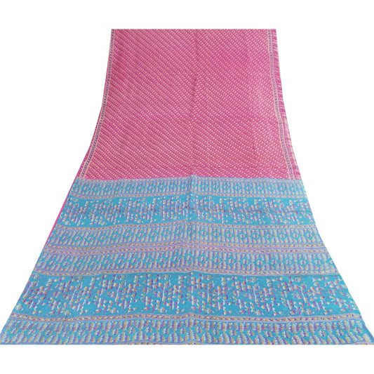Sanskriti Vintage Sarees Pink Indian Pure Silk Printed Sari 5+yd Craft Fabric