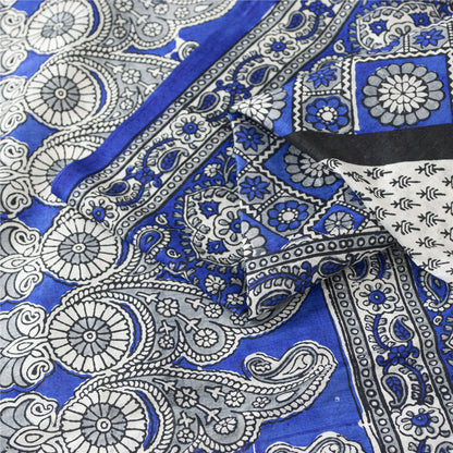 Sanskriti Vintage Sarees Blue & White 100% Pure Silk Printed Sari Craft Fabric