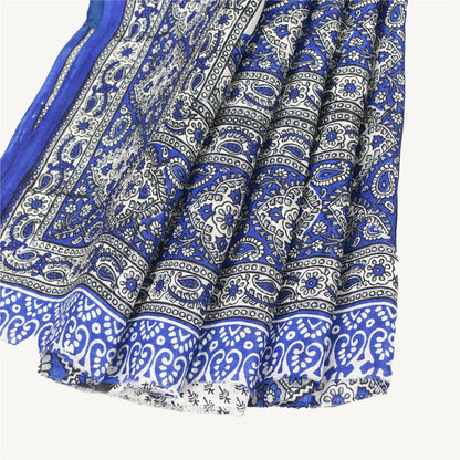 Sanskriti Vintage Sarees Blue & White 100% Pure Silk Printed Sari Craft Fabric