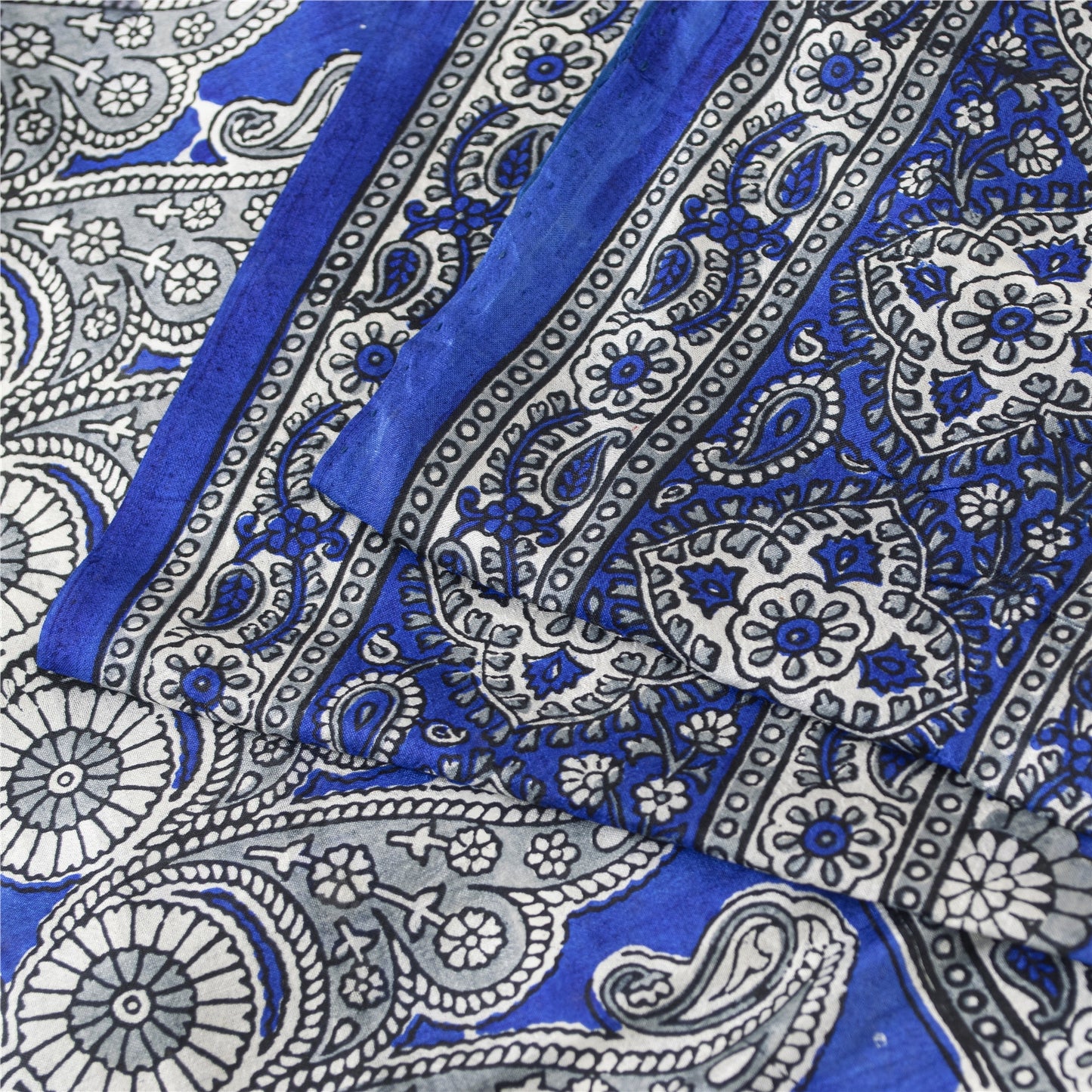 Sanskriti Vintage Sarees Blue & White 100% Pure Silk Printed Sari Craft Fabric