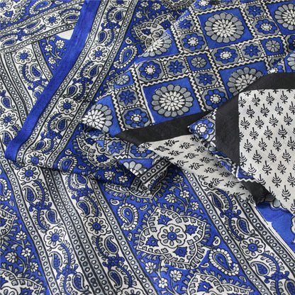 Sanskriti Vintage Sarees Blue & White 100% Pure Silk Printed Sari Craft Fabric