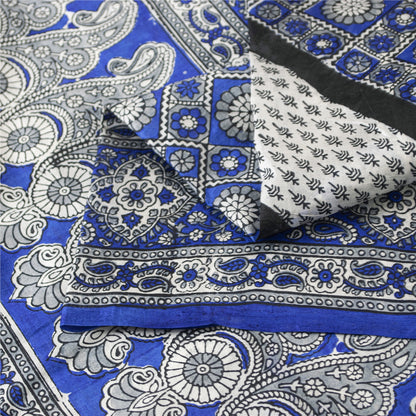 Sanskriti Vintage Sarees Blue & White 100% Pure Silk Printed Sari Craft Fabric