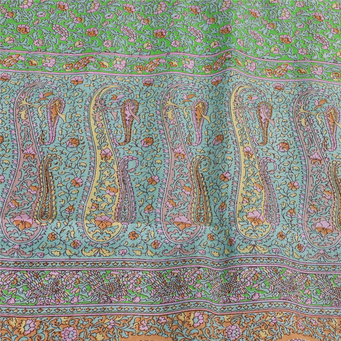 Sanskriti Vintage Sarees Green Pure Silk Floral Printed Sari 6yd Craft Fabric