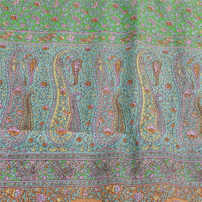 Sanskriti Vintage Sarees Green Pure Silk Floral Printed Sari 6yd Craft Fabric