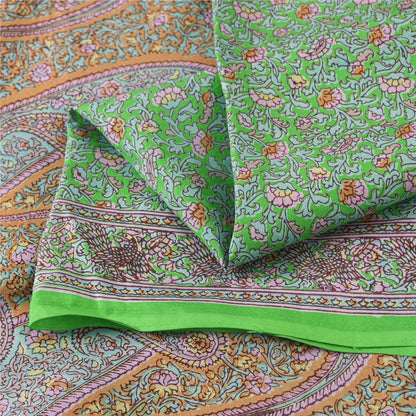 Sanskriti Vintage Sarees Green Pure Silk Floral Printed Sari 6yd Craft Fabric