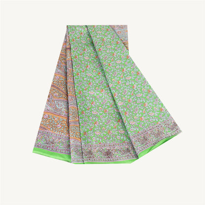 Sanskriti Vintage Sarees Green Pure Silk Floral Printed Sari 6yd Craft Fabric