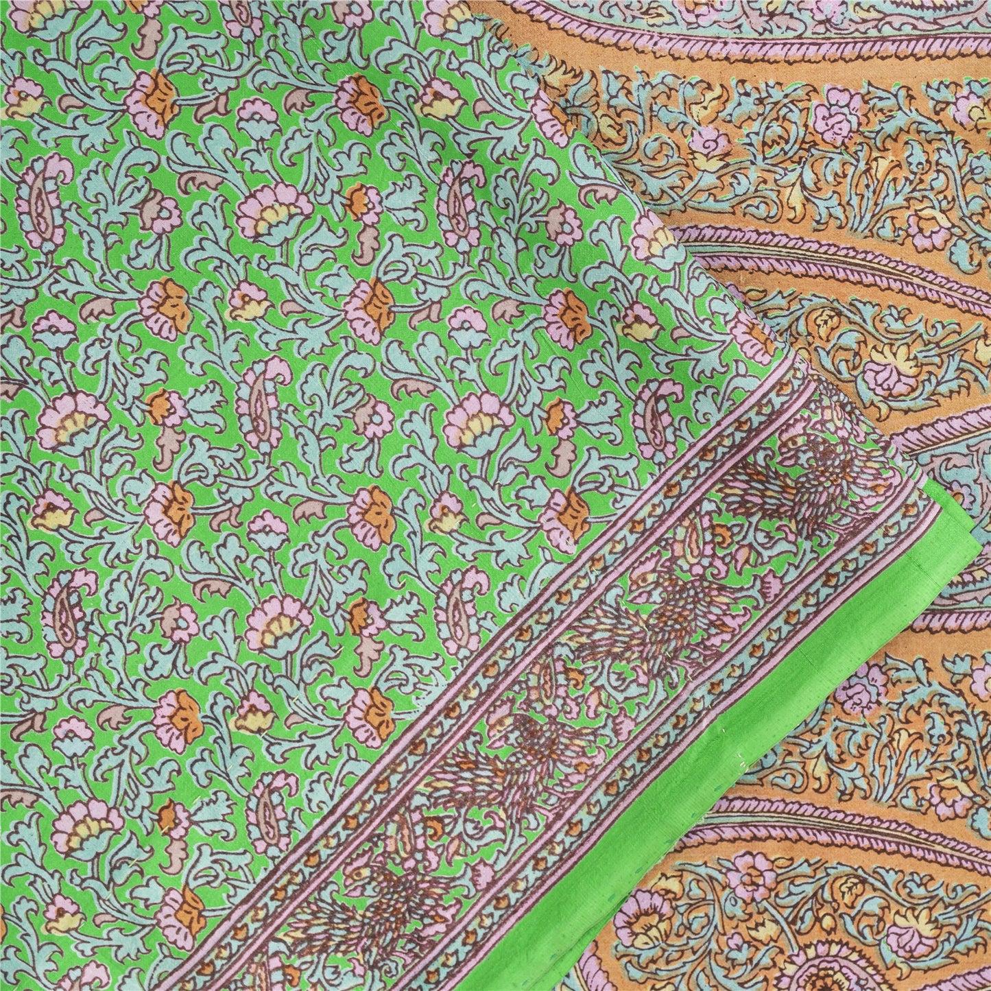 Sanskriti Vintage Sarees Green Pure Silk Floral Printed Sari 6yd Craft Fabric