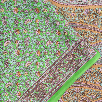 Sanskriti Vintage Sarees Green Pure Silk Floral Printed Sari 6yd Craft Fabric