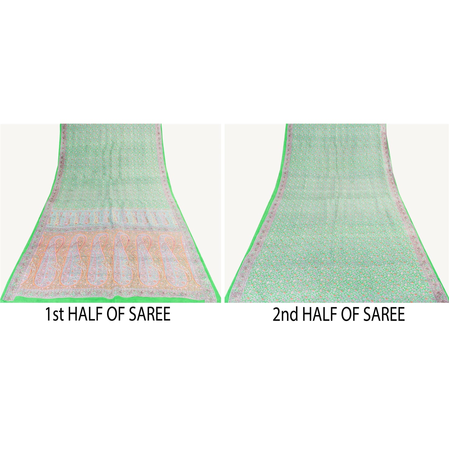 Sanskriti Vintage Sarees Green Pure Silk Floral Printed Sari 6yd Craft Fabric