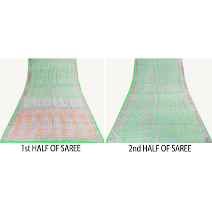 Sanskriti Vintage Sarees Green Pure Silk Floral Printed Sari 6yd Craft Fabric