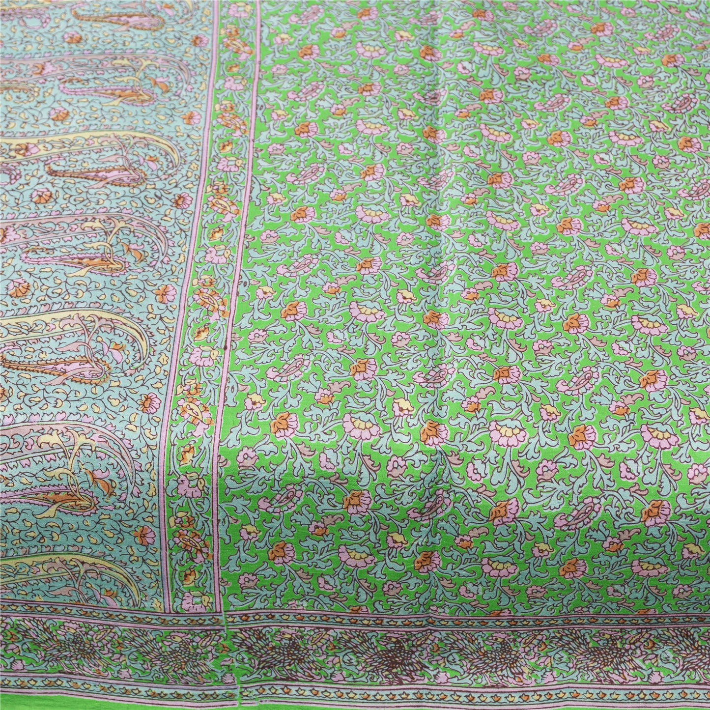 Sanskriti Vintage Sarees Green Pure Silk Floral Printed Sari 6yd Craft Fabric