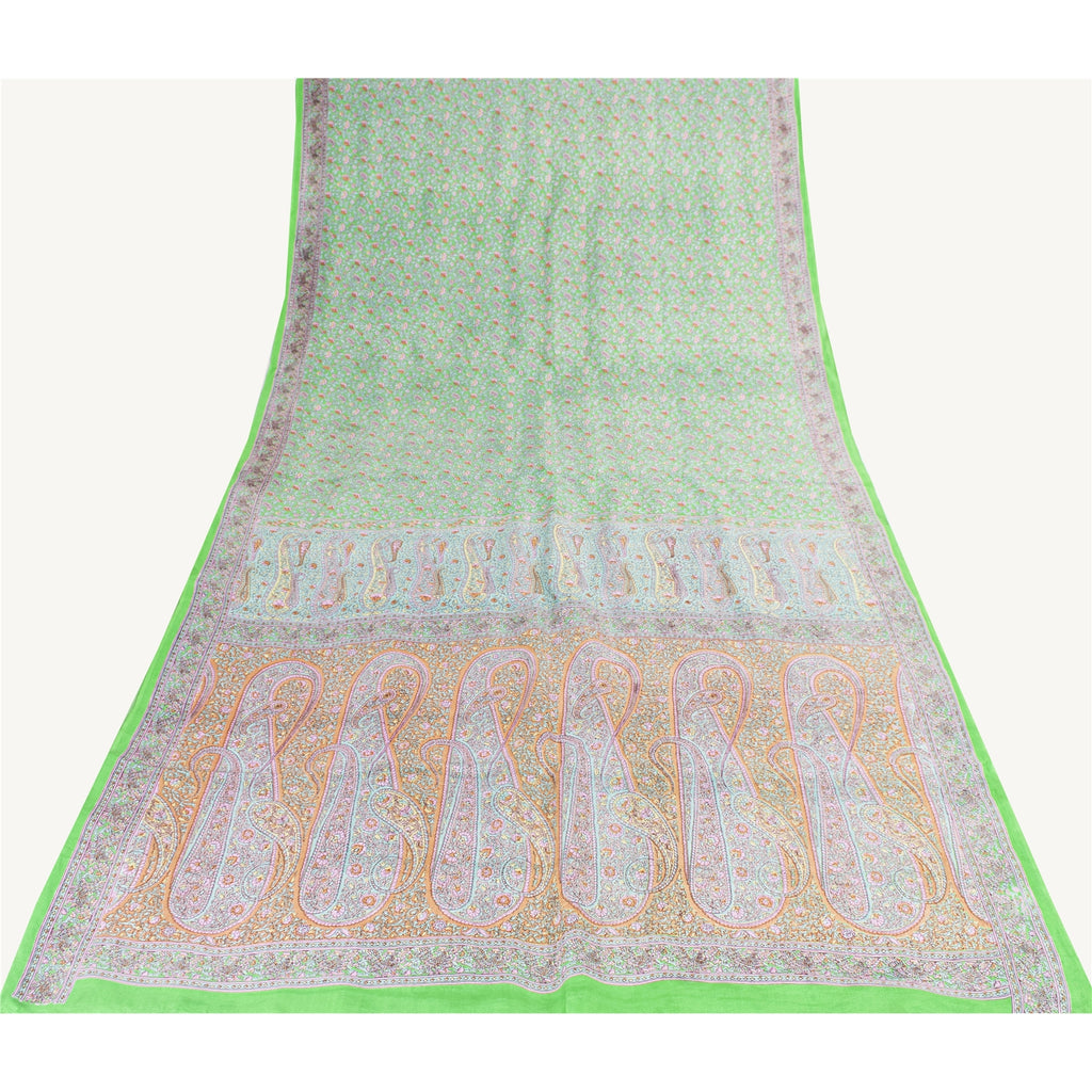 Sanskriti Vintage Sarees Green Pure Silk Floral Printed Sari 6yd Craft Fabric