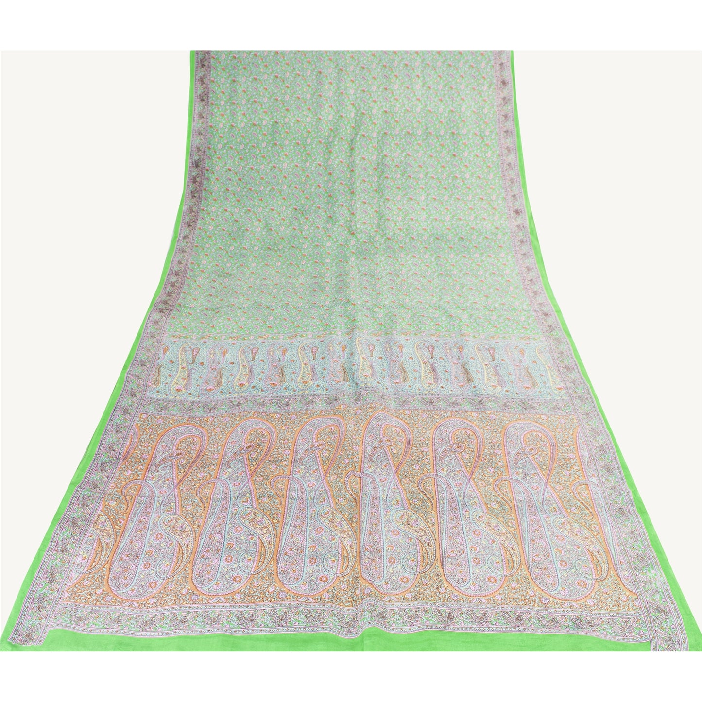 Sanskriti Vintage Sarees Green Pure Silk Floral Printed Sari 6yd Craft Fabric