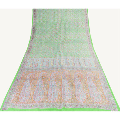 Sanskriti Vintage Sarees Green Pure Silk Floral Printed Sari 6yd Craft Fabric