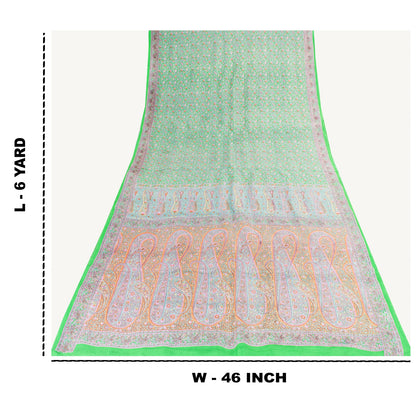 Sanskriti Vintage Sarees Green Pure Silk Floral Printed Sari 6yd Craft Fabric