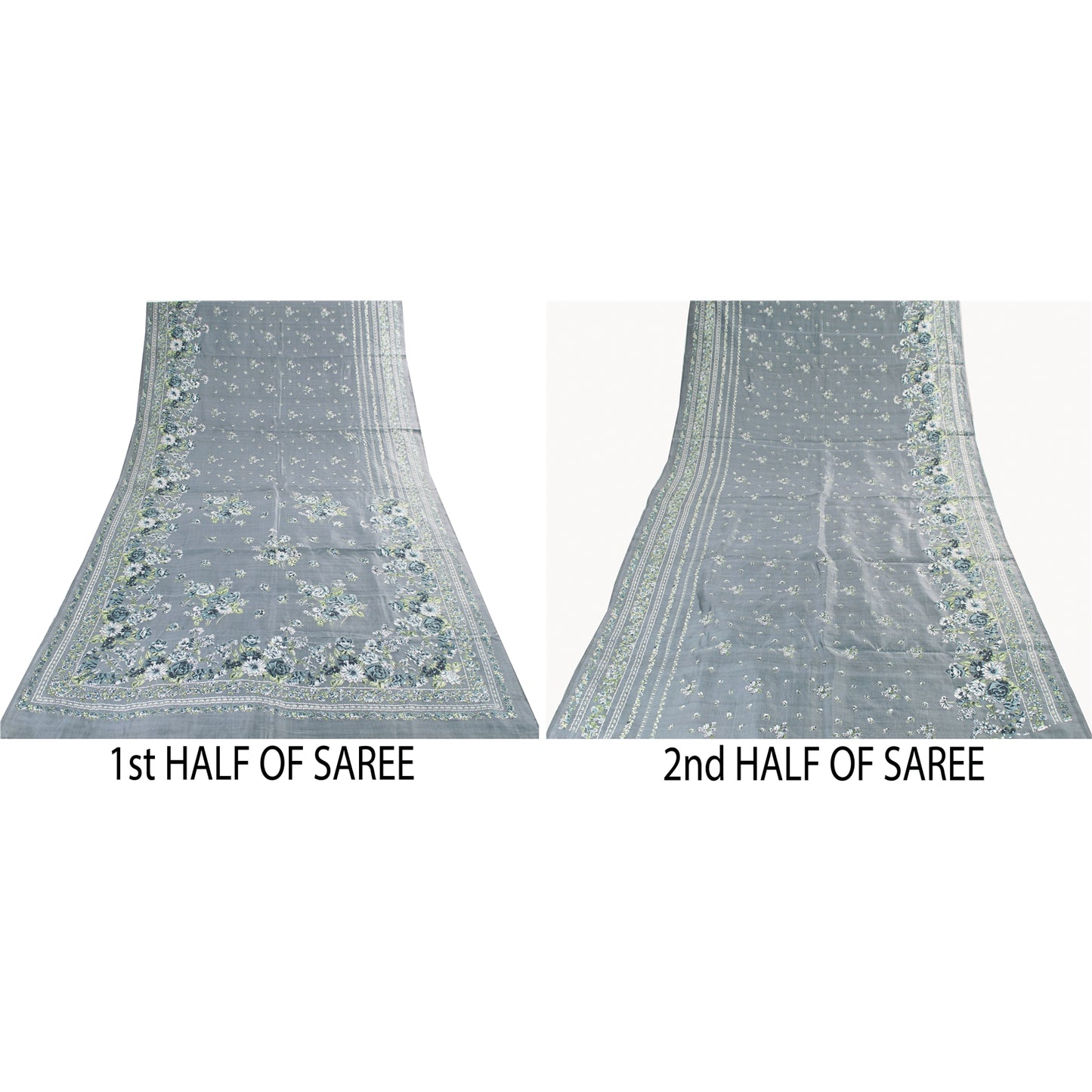 Sanskriti Vintage Sarees Gray Indian Pure Silk Printed Sari 5+yd Craft Fabric