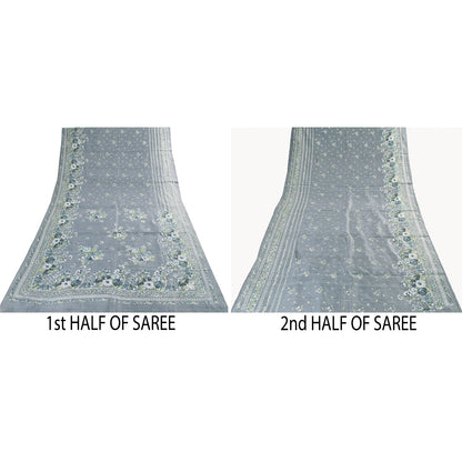 Sanskriti Vintage Sarees Gray Indian Pure Silk Printed Sari 5+yd Craft Fabric