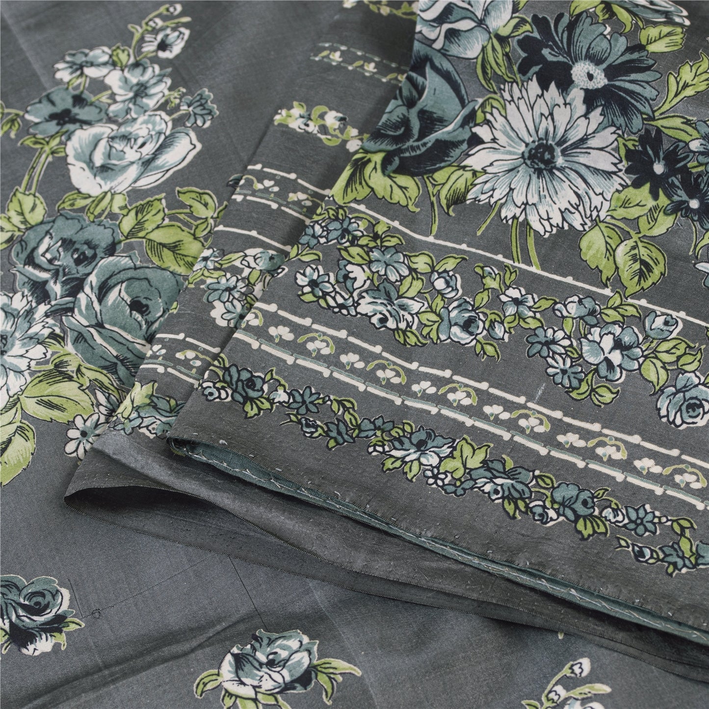 Sanskriti Vintage Sarees Gray Indian Pure Silk Printed Sari 5+yd Craft Fabric