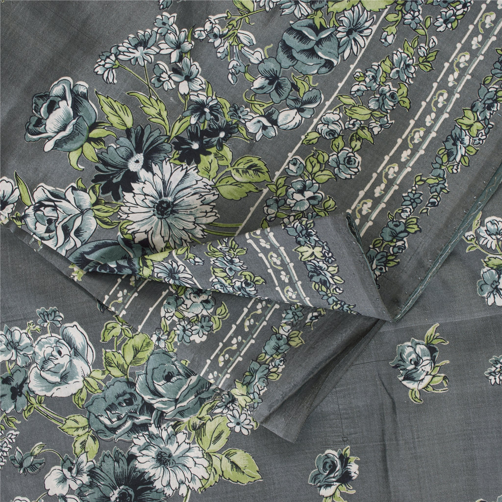 Sanskriti Vintage Sarees Gray Indian Pure Silk Printed Sari 5+yd Craft Fabric