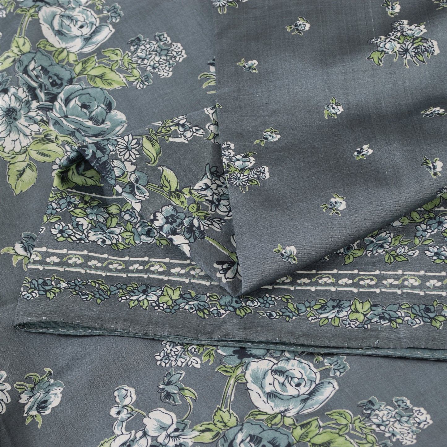 Sanskriti Vintage Sarees Gray Indian Pure Silk Printed Sari 5+yd Craft Fabric