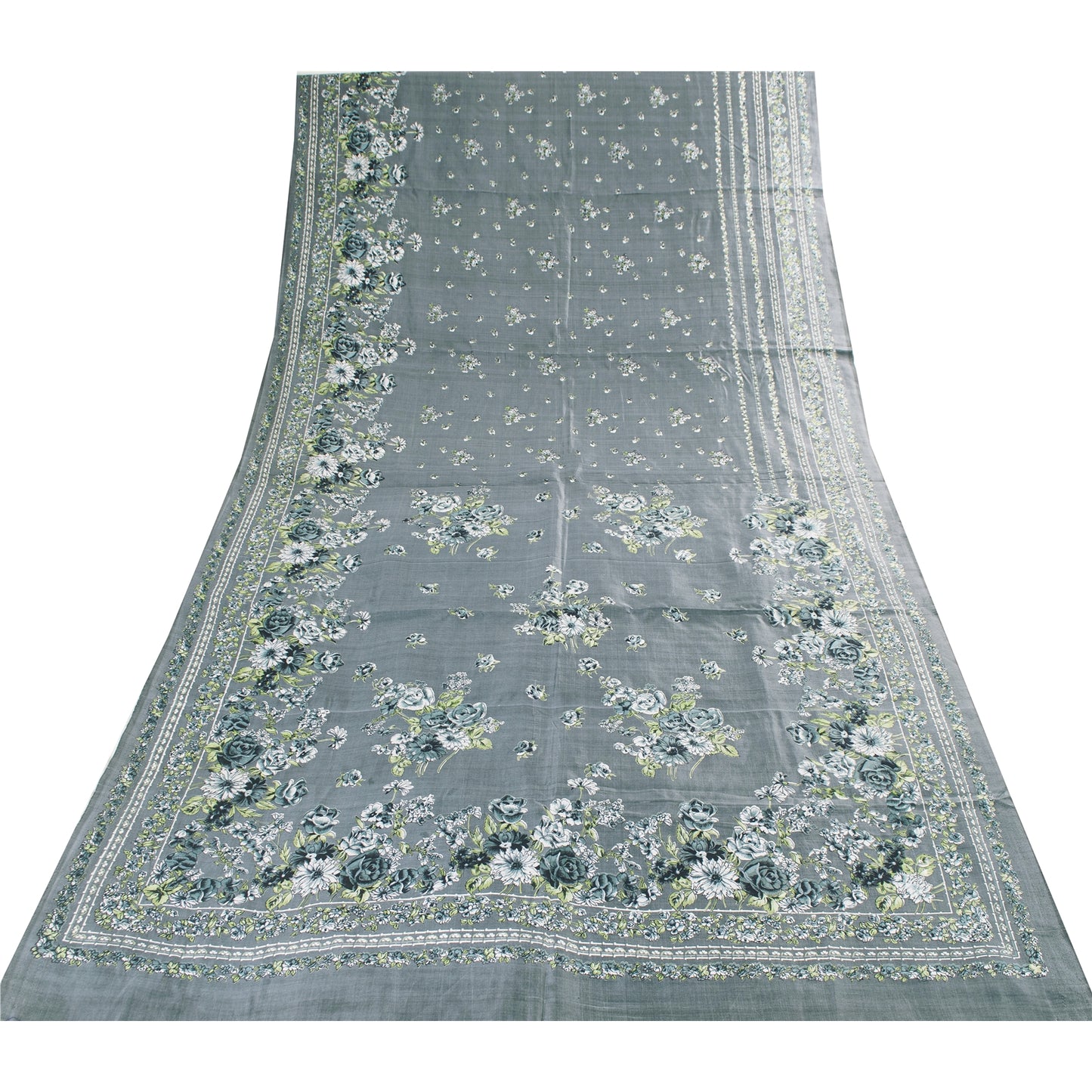 Sanskriti Vintage Sarees Gray Indian Pure Silk Printed Sari 5+yd Craft Fabric