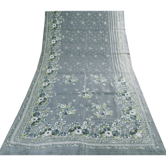 Sanskriti Vintage Sarees Gray Indian Pure Silk Printed Sari 5+yd Craft Fabric