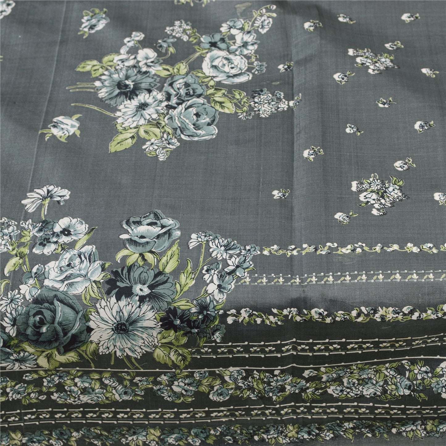 Sanskriti Vintage Sarees Gray Indian Pure Silk Printed Sari 5+yd Craft Fabric