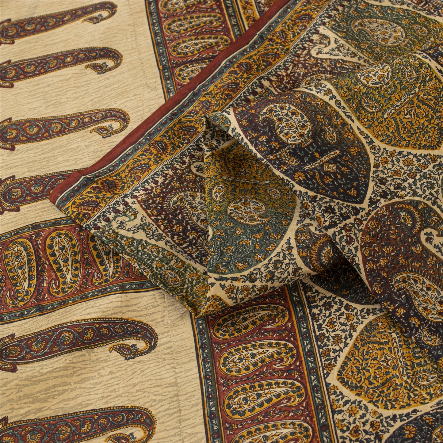 Sanskriti Vintage Sarees Cream Pure Silk Paisley Printed Sari 5+yd Craft Fabric