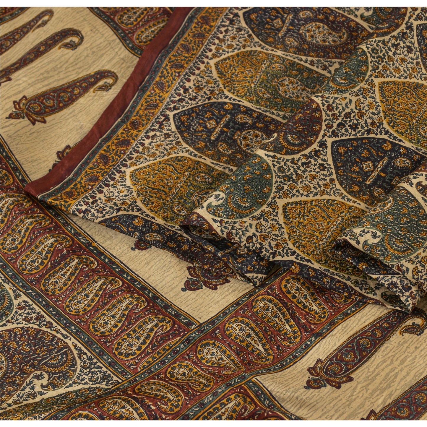 Sanskriti Vintage Sarees Cream Pure Silk Paisley Printed Sari 5+yd Craft Fabric