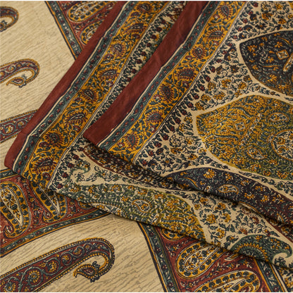 Sanskriti Vintage Sarees Cream Pure Silk Paisley Printed Sari 5+yd Craft Fabric