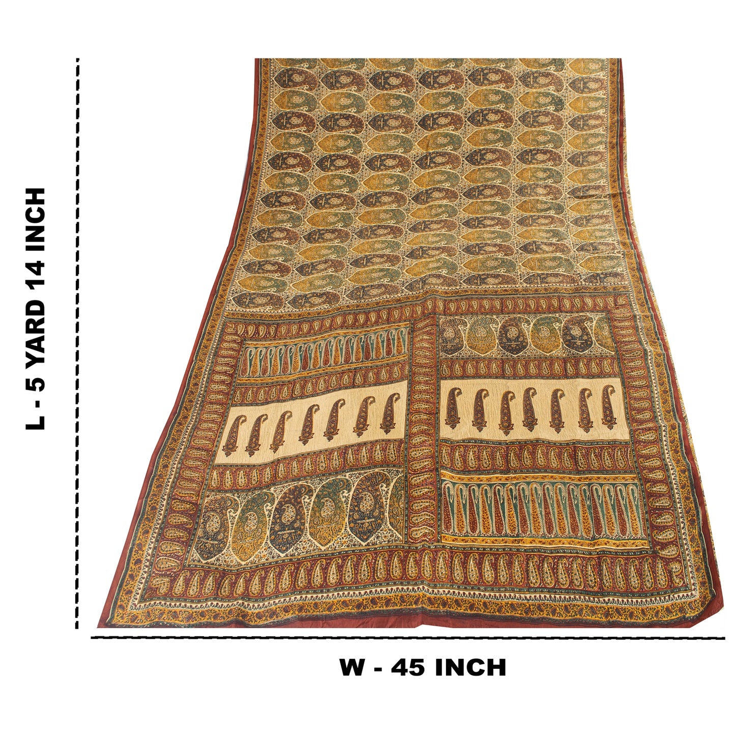 Sanskriti Vintage Sarees Cream Pure Silk Paisley Printed Sari 5+yd Craft Fabric