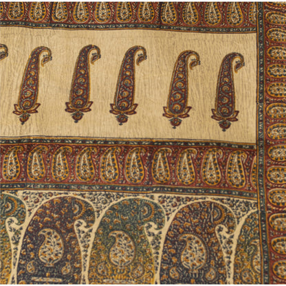 Sanskriti Vintage Sarees Cream Pure Silk Paisley Printed Sari 5+yd Craft Fabric
