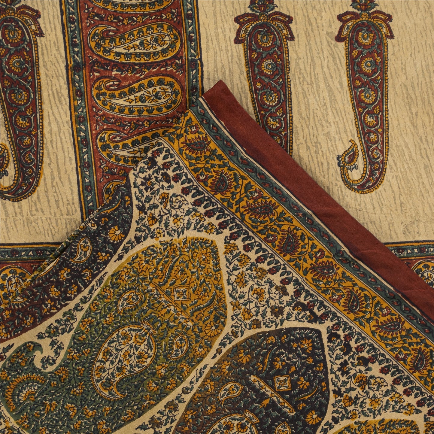 Sanskriti Vintage Sarees Cream Pure Silk Paisley Printed Sari 5+yd Craft Fabric