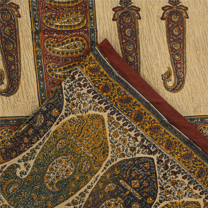 Sanskriti Vintage Sarees Cream Pure Silk Paisley Printed Sari 5+yd Craft Fabric