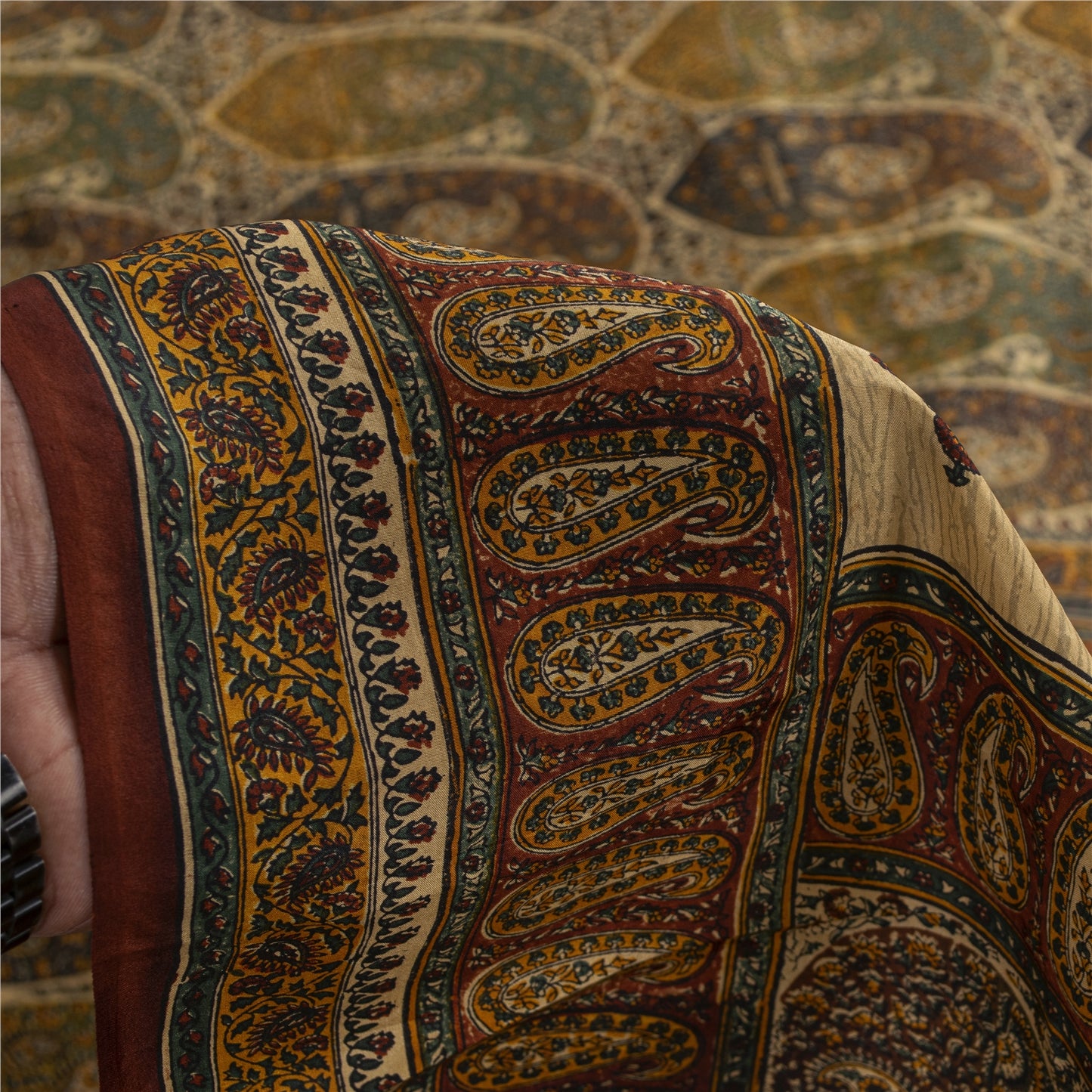 Sanskriti Vintage Sarees Cream Pure Silk Paisley Printed Sari 5+yd Craft Fabric