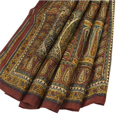 Sanskriti Vintage Sarees Cream Pure Silk Paisley Printed Sari 5+yd Craft Fabric